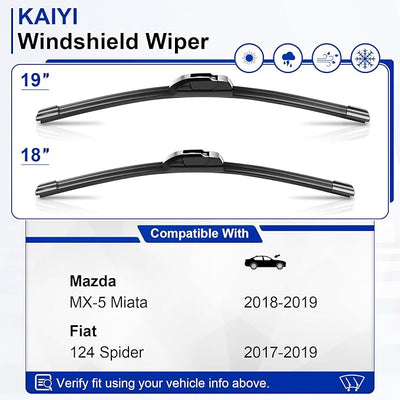 KAIYI 19" + 18" Windshield Wipers Compatible with Mazda MX-5 Miata 2018-2019,Fiat 124 Spider 2017-2019 Premium Automotive Replacement Windshield Wiper Blades 2 Pack