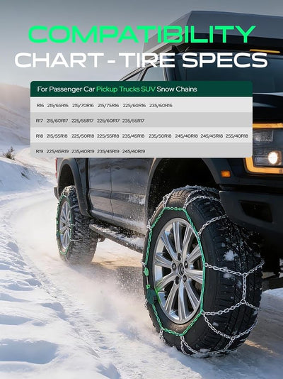 YHTAUTO Set of 2 Snow Chains 12mm for Pickup Truck SUV Passenger Car Universal Fit Tire Chains Auto-Tightening Quick Installation, Anti-slip Traction in Snow, Mud, Sand | SWC0014