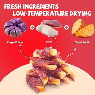 Dog Treats Duck Wrapped Yellow Purple Sweet Potato Chews 14.11 Oz for Dogs Jerky Dental Care Treats. High Protein Healthy Suitable for Small Medium and Large Dogs for Eating Training Rewards