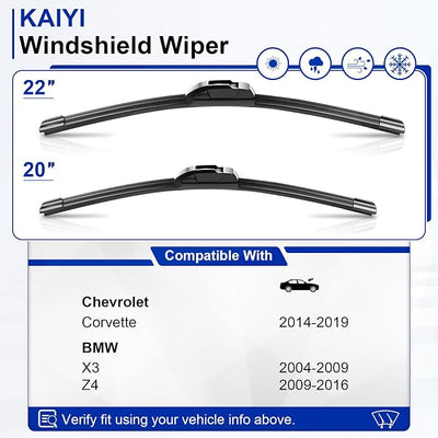KAIYI 22" + 20" Windshield Wipers Compatible with Chevrolet Corvette 2014-2019,BMW X3 2004-2009,Z4 2009-2016 Premium Automotive Replacement Windshield Wiper Blades 2 Pack