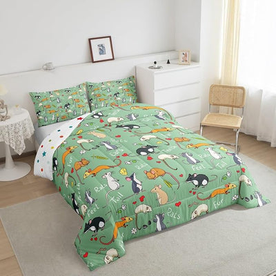 Erosebridal Kids Rat Comforter Set, Mouse Rodents Bedding Set Queen Size, Funny Animal Love Heart Duvet Sets for Boys Girls Children Bedroom, Cartoon Style Duvet Insert Decorative Room, Green
