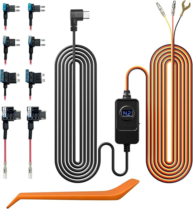 F7N Dash Cam Hardwire Kit USB C Port, Dashboard Camera Car Charger Cable Kit 12V- 24V to 5V w/Fuse Kit, Low Voltage Protection for Dash Cam Double-4 Fuses