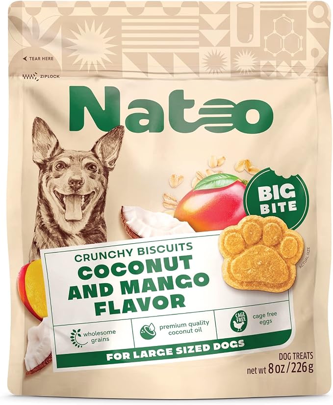 Healthy Treats for Large Dogs, Coconut & Mango Flavor, 8 oz | Crunchy Biscuits, Rich in Omega 6, Prebiotics & Fiber, Antioxidants for Immunity, Natural Dog Treats