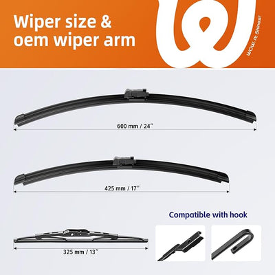 24"+17" Windshield Wiper Blades with 13" Rear Wiper Replacement for GMC Terrain/Chevy Equinox 2010 2011 2012 2013 2014 2015 2016 2017-OEM Quality All-Weather Top Lock Wipers(Set of 3)