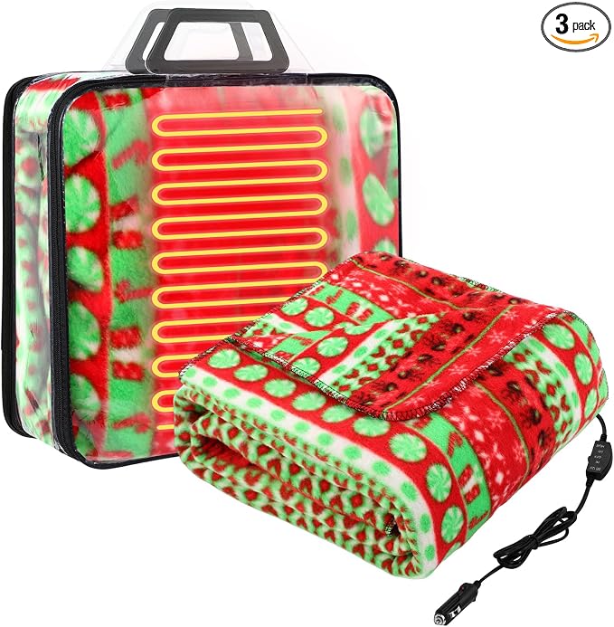 Tuanse 58 x 43 Inches 12 Volt Heated Car Blanket Plug in Portable Car Electric Blanket with Cigarette Lighter, Temperature Controller and Storage Bag for Rv Truck Traveling(Red Green,Christmas Candy)