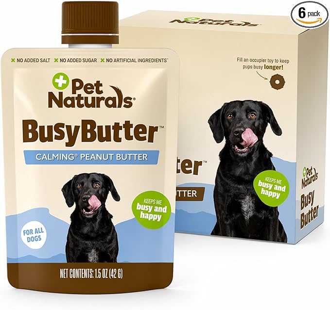 BusyButter Easy Squeeze Calming Peanut Butter for Dogs, 6 Pouches - Great for Treats, Lick Mats, Training, Calming, and Occupier Toys, Busy Butter, 1.5oz (Pack of 6)