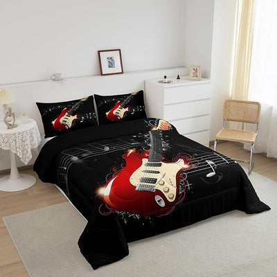 Erosebridal Guitar Comforter Set, Teens Musical Note Duvet Sets King Size, Music Themed Hip Hop Bedding Set for Kids Boys Youth Adult, Black Lightweight Luxury Down Comforter with 2 Pillow Cases