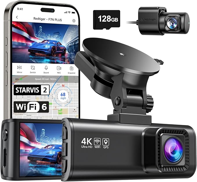 4K Dash Cam Front Rear, STARVIS 2 Sensor, Free Card Included, 5.8GHz WiFi-20MB/s Fast Download, Dash Camera for Cars with GPS, WDR Night Vision, 170°Wide Angle, 24H Parking Mode(F7NP)