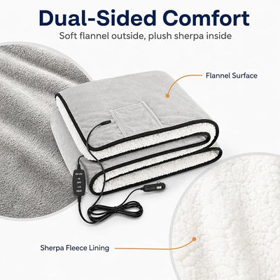 Sojoy 12V Heated Car Blanket with Zipper Wearable Design, Flannel Sherpa Electric Blanket for Car Truck SUV RV Van, Portable Heated Shawl, Light Gray
