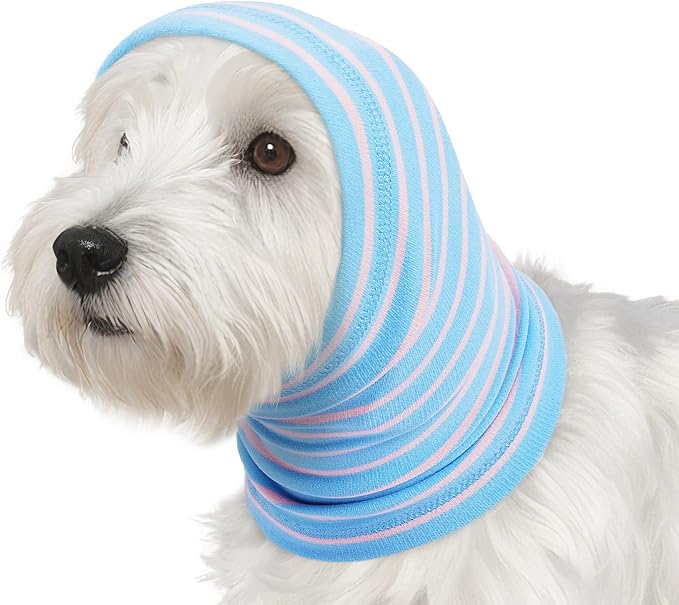 Calming Hoodie Dog Grooming Ear Cover Anxiety Relief-No Shake Dog Ear Wrap Hematoma, Striped Head Wrap Snoods for Noise Protection, Bath, Fireworks, Thunderstorm, Blow Drying, Warm-Keeping