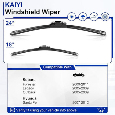 KAIYI 24" + 18" Windshield Wipers Compatible with Subaru Forester 2009-2011,Legacy 2005-2009,Outback 2005-2009,Hyundai Santa Fe 2007-2012 Premium Automotive Replacement Windshield Wiper Blades 2 Pack