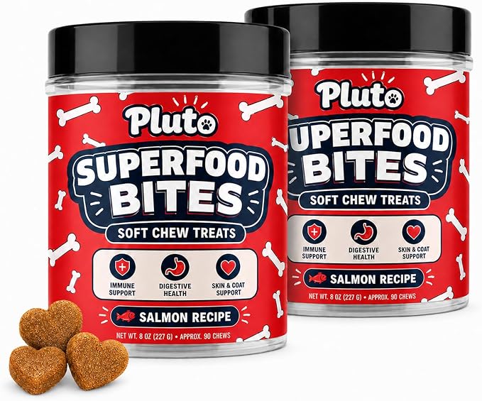 Pluto Superfood Softchew for Dogs, Immune Support Digestive Health Skin & COATSUPPORT Hip and Joint Supplement for Dogs Salmon Flavor 90 Chews (2 PCS)