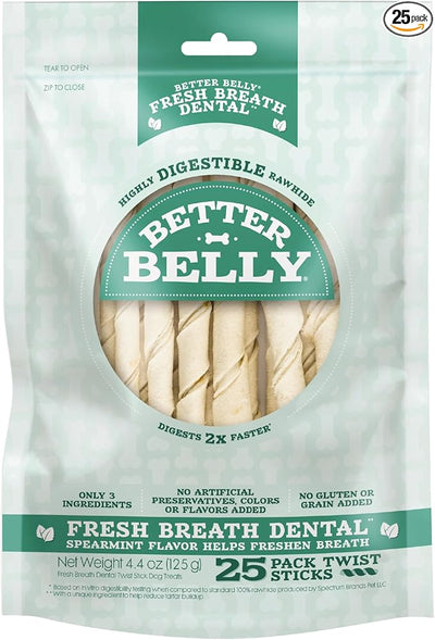 Better Belly Fresh Breath Dental Twist Sticks,Highly Digestible Rawhide for Dogs, 25 Count