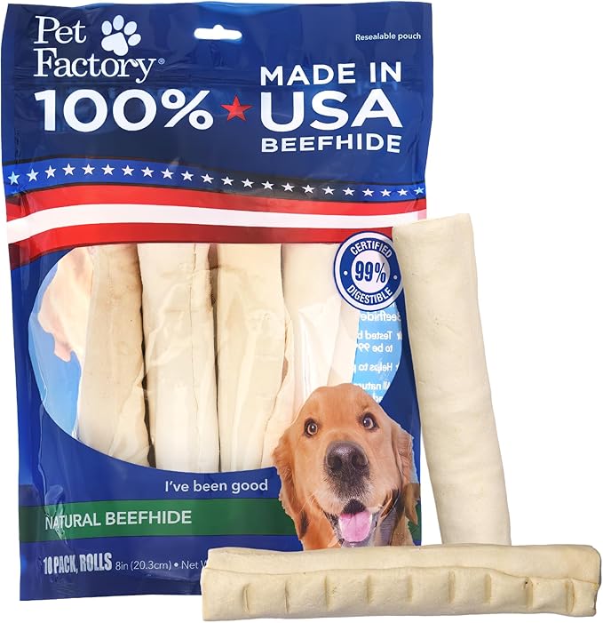 100% Made in USA Beefhide 8" Rolls Dog Chew Treats - Natural Flavor, 10 Count/1 Pack