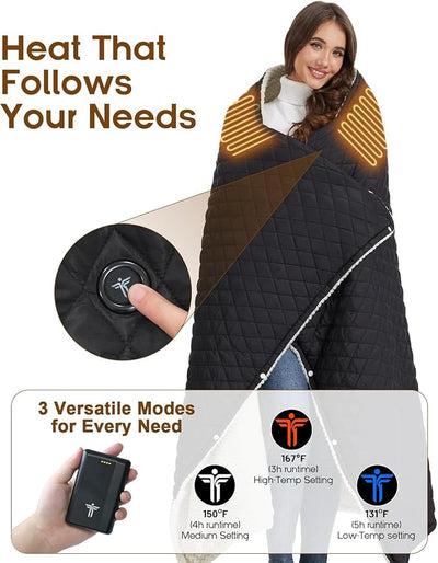 12V Battery Operated Heated Wearable Blanket for Camping Stadium Office | 70*50in Large Size & 3-level Temperature Up To 167°F &15000mAh Battery Included &Overheat Protection