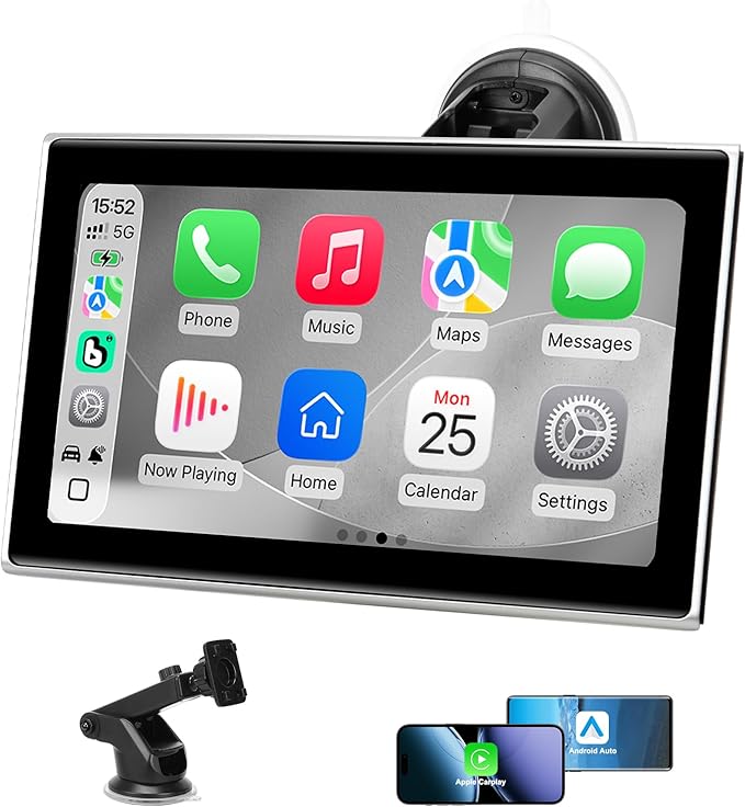 Carplay Screen for Car，7" Portable Wireless Carplay & Android Auto - HD Touchscreen Car Play with Bluetooth, Mirror Link, Live Map,Voice Control, FM Transmit (Silver)