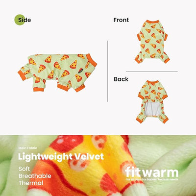Fitwarm Pizza Dog Fleece Pajamas, Funny Cozy Clothes for Small Dogs Boy Girl, Soft Pet Onesie, Light Green, Orange, Large