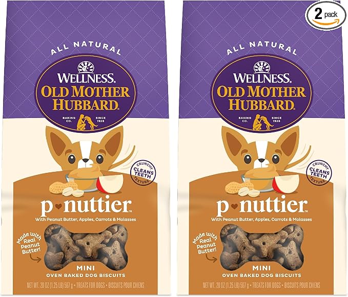 Old Mother Hubbard Wellness P-Nuttier Dog Biscuits, Natural, Training Treats, Peanut Butter Flavor, Mini Size, (20 Ounce Bag)(Pack of 2)