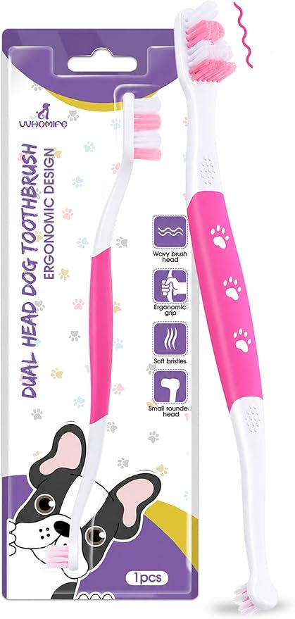 Dog Toothbrush, Dual-Head, for Medium-Large Dogs,Pink | Soft Bristles for Gentle Cleaning,60° Curved Bristles for Better Coverage,Comfortable for Sensitive Gums