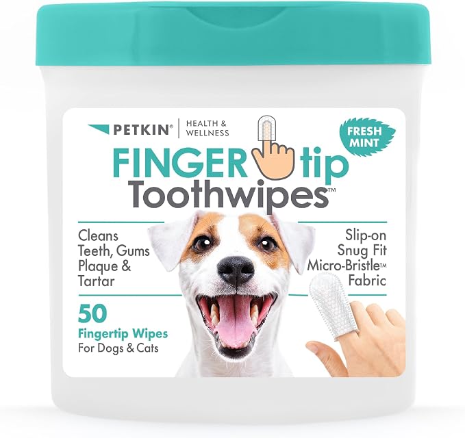 Fingertip Tooth Wipes for Dogs and Cats, 50 Finger Wipes - Slip-On, Snug Fit, Micro-Bristle Fabric - Cleans Teeth, Gums, Plaque & Tartar - Convenient, Ideal for Home and Travel - Fresh Mint