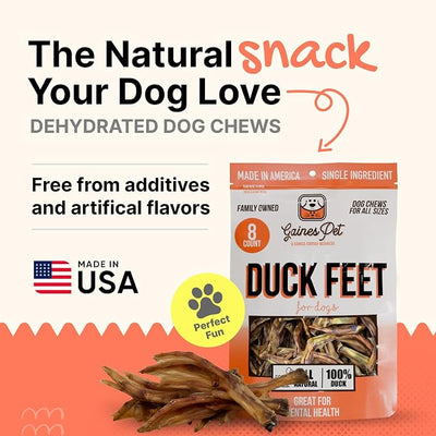 Gaines Pet Duck Feet for Dogs – 8 Count, Natural Chews with Glucosamine, Chondroitin & Collagen – Single Ingredient Dog Treats, Grain-Free, USA Made, Joint & Dental Health Support