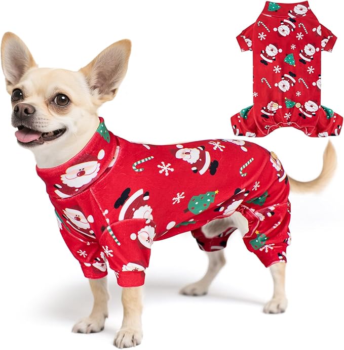 Christmas Dog Pajamas Santa Claus Turtleneck Dog Pjs for Small Dogs Holiday Pet Onesie Soft Velvet 4 Legs Cozy Pet Sleepwear Warm Puppy Christmas Outfit, Small