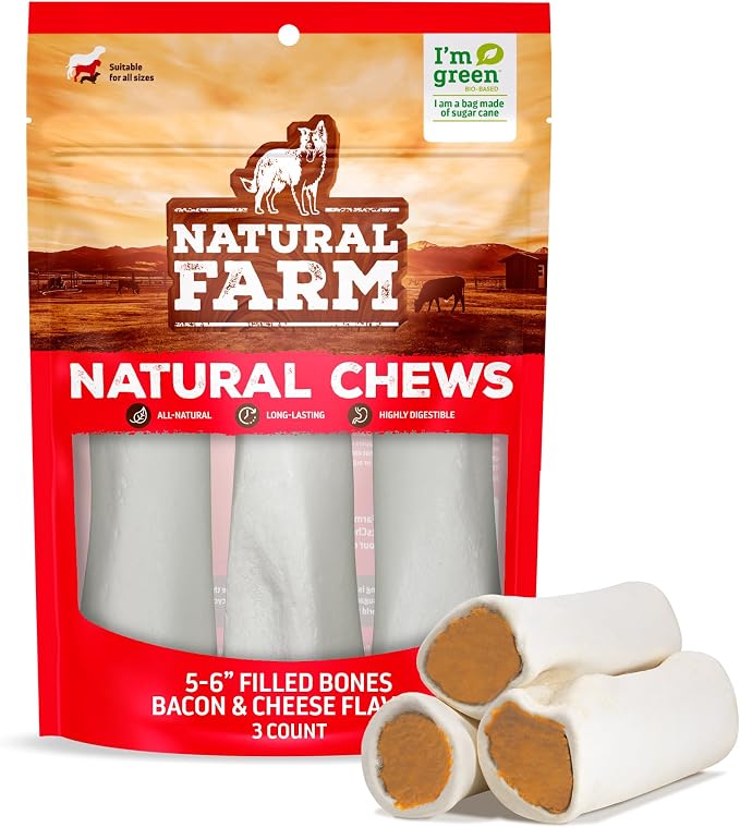 Filled Dog Bones, Bacon & Cheese Flavor (5-6 Inch, 3 Pack), Limited Ingredient Stuffed Dental Dog Bone Treats for Large Dogs
