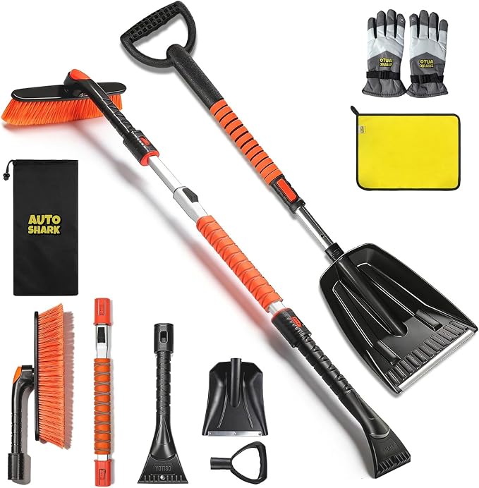 7 in 1 Snow Shovel & Snow Brush Kit, 47.2" Ice Scrapers & Snow Shovel Kit, Car and 360° Pivoting Car Scraper Snow, 7 in 1 Extendable Snow Brush with Foam Grip Glove.