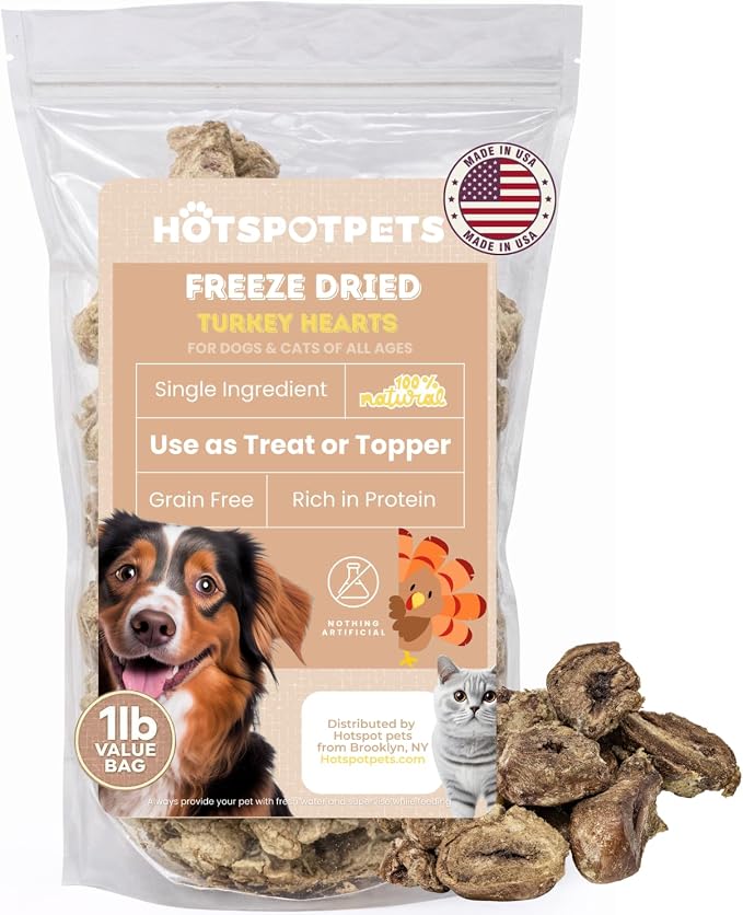 Freeze Dried Turkey Hearts Treats for Cats & Dogs - Made in USA, 1lb Big Bag, Single Ingredient All Natural Grain-Free Turkey Heart - Great for Training, as a Topper or Snack
