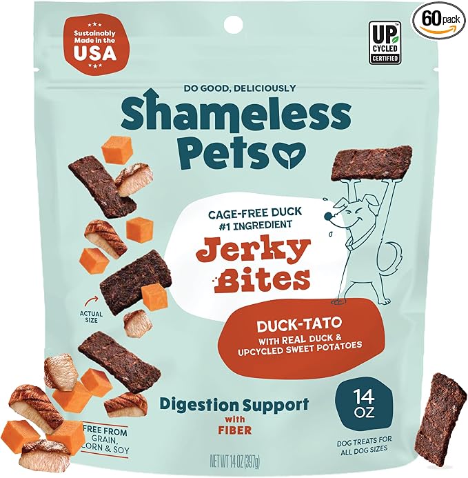 Jerky Bites Treats, Duck-Tato - Healthy Dog Chews for Digestion Support with Fiber - Dog Treats with Real Cage-Free Duck - Free from Grain, Corn & Soy - 14 oz