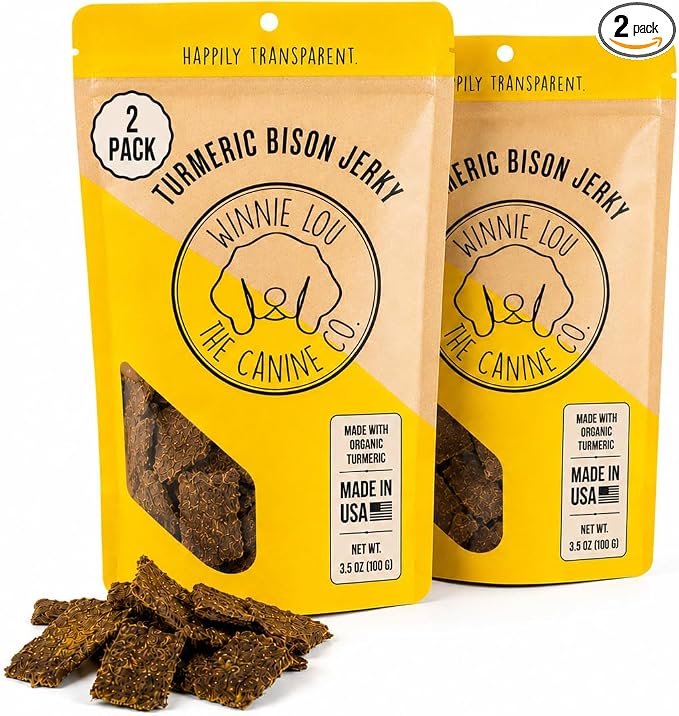 Winnie Lou Turmeric Bison Jerky Dog Treats – Limited Ingredient, Human Grade, Training Treats for Small, Medium & Large Dogs, USA Made, High Protein, Chews, Hypoallergenic, Sensative Stomach (2 Pack)