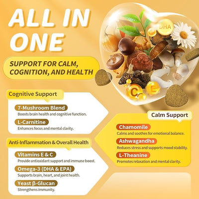 Advanced Calming Chews for Dogs-Brain & Composure Support with 7 Mushrooms, Ashwagandha, Omega-3 DHA & EPA, Anxiety Relief Dog Calming Treat, All Breeds & Sizes, Salmon 135CT