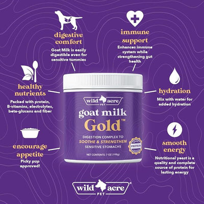 Wild Acre Goat Milk Powder for Dogs - Complete Protein Goat Milk with Nutritional Yeast for Sensitive Stomachs - Gentle Probiotic & Prebiotic Protein for Dogs, Puppies and Cats - 7oz