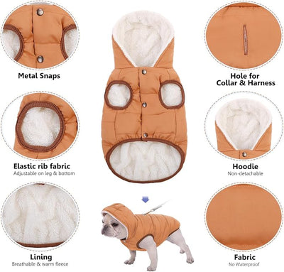 SAWMONG Waterproof Dog Winter Coat, Warm Fleece Lined Dog Jacket with Hood, Windproof Puppy Coat, Pet Apparel Vest Outdoor&Indoor Winter Activities(Khaki,XL)