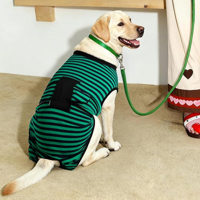 Recovery Suit for Dogs Cats After Surgery, E-Collar & Cone Alternative Surgical Suit, Prevent Licking Dog Onesies Pet Surgery Recovery Suit Soft Dog Bodysuit, Green Navy Stripes, XS