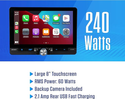 Jensen J1CA8FL-BUC 8" Wireless Apple CarPlay Android Auto with Camera | Backup camera included, fits single or double DIN, wired or wireless Certified Apple CarPlay, Android Auto, Bluetooth, USB