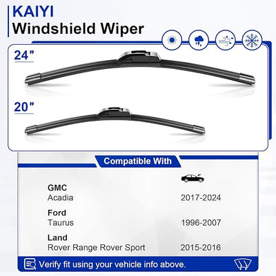KAIYI 24" + 20" Windshield Wipers Compatible with GMC Acadia 2017-2024,Ford Taurus 1996-2007,Land Rover Range Rover Sport 2015-2016 Premium Automotive Replacement Windshield Wiper Blades 2 Pack