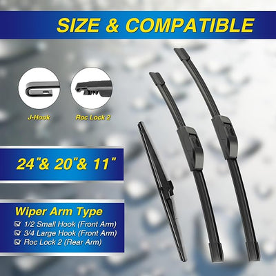 5 PLUS® Silicone Windshield Wipers Replacement for 2011-2015 KIA Sorento 2010-2019 KIA Soul Wiper Blades(Set of 3),Automotive Replacement Windshield Wiper Blades-24"/20"/11"