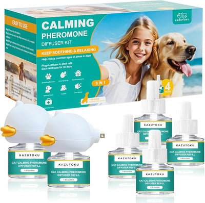 Dog Calming Pheromones Diffuser, 6 in 1 Kit Appeasing Pheromone Diffuser to Calm Dogs, with 2 Plug in Diffuser+4 Refill 48ml, Reduce Aggression Fighting Scratching Barking Stress, 120 Days Supply