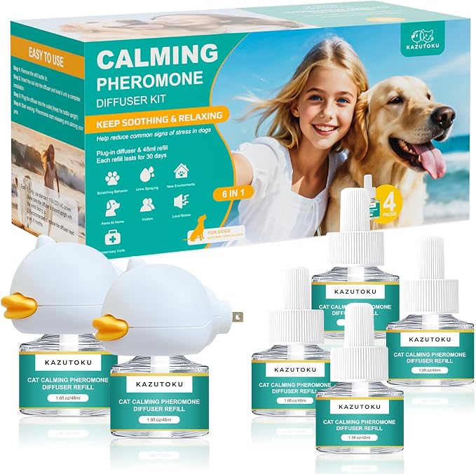 Dog Calming Pheromones Diffuser, 6 in 1 Kit Appeasing Pheromone Diffuser to Calm Dogs, with 2 Plug in Diffuser+4 Refill 48ml, Reduce Aggression Fighting Scratching Barking Stress, 120 Days Supply
