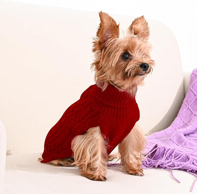 Dog Sweater 2 Pack for Small Dogs, Size XS, Pink & Red | Stretchy cable knit turtleneck, machine washable, high belly cut, comfy winter fit for Chihuahua, Yorkie