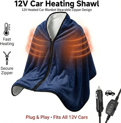12V Car Heated Blanket & Wearable Shawl – Electric Fleece Travel Throw with Zipper for Truck Drivers, RV & Winter Road Trips – Fast Heating, Soft Flannel