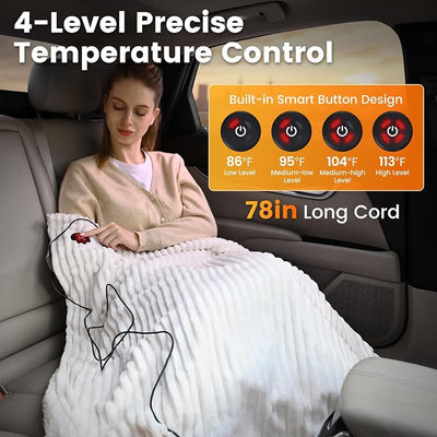 WOOMER 12V Electric Throw Blanket for Car – Soft Faux Fur & Cozy Sherpa with 2 Output USB Ports (1A +1 C) 4 Heating Levels & 4 Hours Auto Off, Machine Washable, 59" X 43", Beige