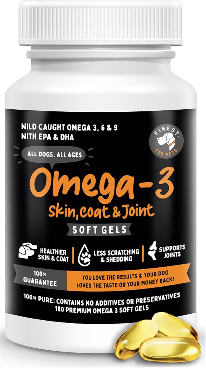 Omega 3 Fish Oil for Dogs - Soft Gels for Skin & Coat, Itching, Shedding, Joints & Immune Health - 100% Pure Omega Fish Oil with EPA & DHA. Ideal for Medium to Large Dogs (180 ct)