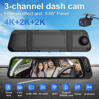 Three Recording Camera: 4K+2K+2K HD Car Dash Cam with Voice Control, Wi-Fi Rearview Camera, WDR Night Vision, G-Type Sensor, 24H Parking Monitoring & ABS