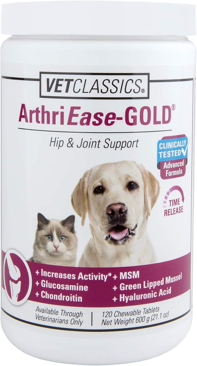 Vet Classics ArthriEase-Gold Hip & Joint Support for Dogs, Cats, Horses – Chewable Tablet Health Supplement – Alleviate Aches, Discomfort – for Flexibility, Healthy Joint – Antioxidant - 120 Ct