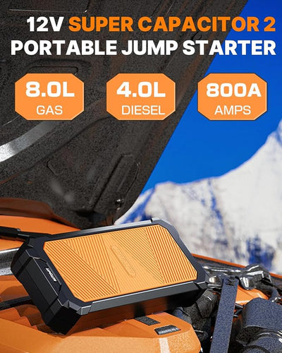 Autowit Super Capacitor Jump Starter, 12V Batteryless Portable Jump Box, Jumper Cables for 8.0 Gas&4.0 Diesel Car, Portable Jump Starter for Car Battery, Bulit-in Supercapacitor, No Need Pre-Charge