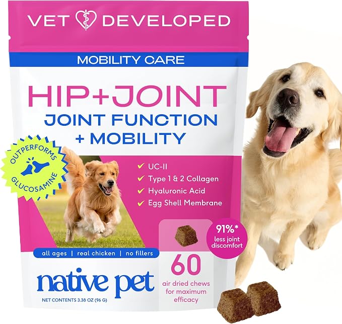 Mobility Care - Hip & Joint Supplement for Dogs - UC-II Collagen, Egg Shell Membrane & Hyaluronic Acid - Dog Joint Supplement Chews Supports Cartilage, Mobility & Flexibility - 60 Chews