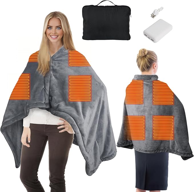 Cordless Wearable Heated Blanket with Power Bank, USB Battery Operated Electric Throw Shawl, 3 Heat Levels & 6 Zones, Soft Flannel Portable Warm Blanket for Home Office, Outdoor, Camping, Travel-Grey