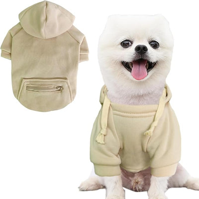 Jecikelon Dog Hoodies for Small Dogs with Zipper Pocket, Soft Fleece Puppy Clothes with Rope Hat, Warm Winter Outfits Cold Weather Coats, Cute Sweatshirt Chihuahua Costume (Beige, Medium)